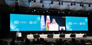 La sala con i presenti alla Cop 29 sullo sfondo una grande schermo con la presidente Meloni che parla